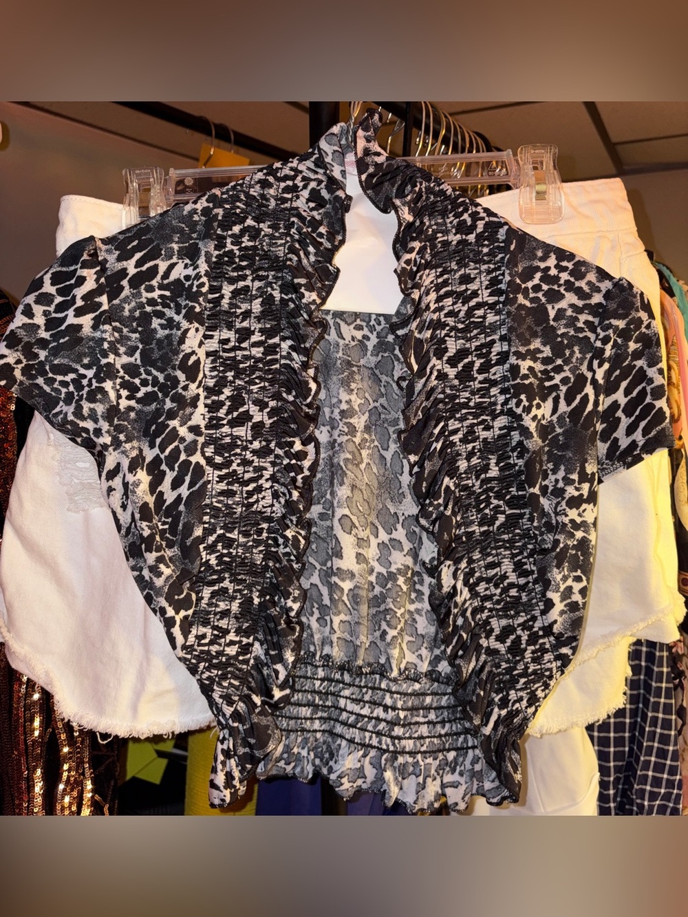 BONGO Black & White Cheetah Print Ruffle Shrug